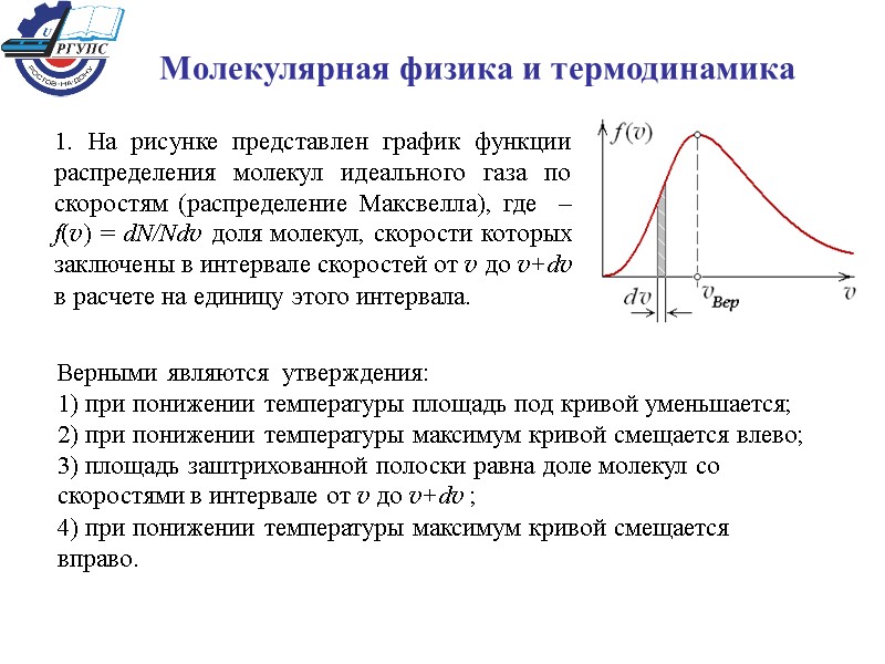 Молекулярная физика и термодинамика 1. На рисунке представлен график функции распределения молекул идеального газа